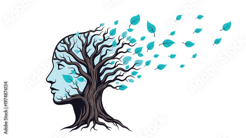 Concept of mental growth and nature shows a human head profile merging with a tree that has leaves blowing away.