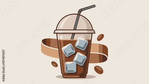 Iced coffee cup with ice cubes, coffee beans, and swirling ribbon design
