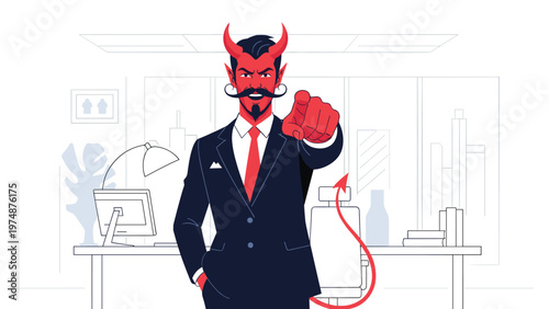 Devil character dressed in a sharp business suit pointing his finger forward in an office setting with horns and a tail.