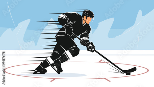 Silhouette of a professional ice hockey player skating fast with a stick and puck on a rink with motion blur effects.