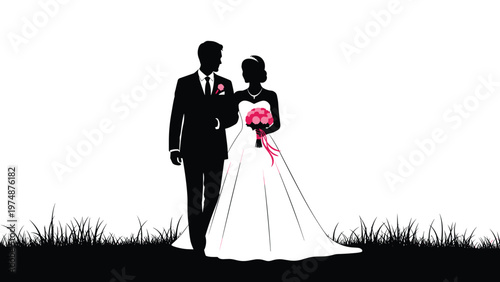 Silhouette of a happy newlywed couple walking through a grassy field on their wedding day with the bride holding a pink bouquet.