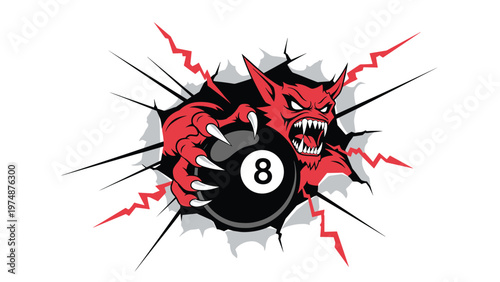 Fierce red devil character with sharp teeth and claws tearing through paper while holding a billiard eight ball for a pool team logo.