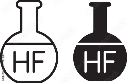 Two laboratory flasks displaying the chemical formula for hydrofluoric acid