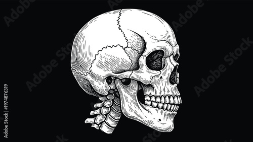 Scientific human skull illustration in side profile view with neck vertebrae in a vintage engraved woodcut style.