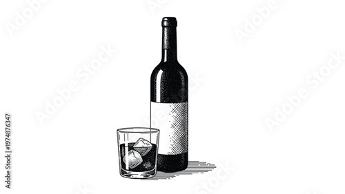 Vintage style engraved illustration of a dark wine bottle and a short glass filled with liquid and ice cubes on white.