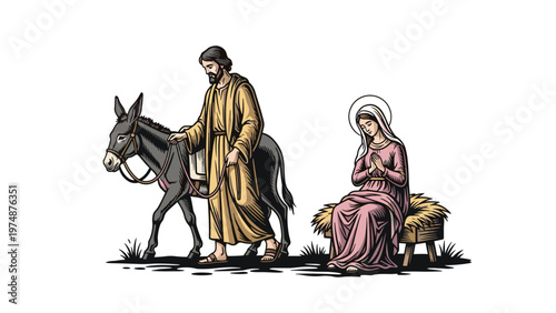Traditional illustration of Joseph leading a donkey with Mary walking beside for a classic Christmas nativity scene.
