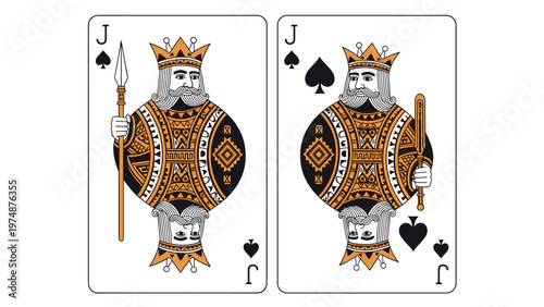 Close up of two Jack of Spades playing cards from a standard deck showing the traditional court figure illustration with weapons and armor.
