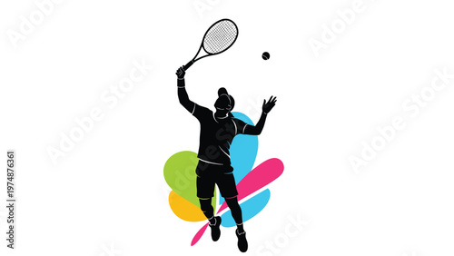 Dynamic silhouette of a tennis player leaping into the air to serve the ball against a backdrop of colorful abstract shapes and lines.