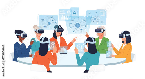 Diverse group of people wearing VR headsets interacting with futuristic technology