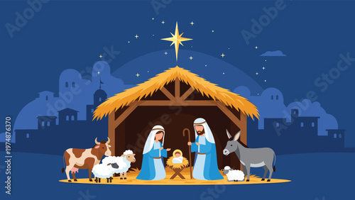 Beautiful nativity stable scene at night with the holy family, animals, and the bright star of Bethlehem in the sky.