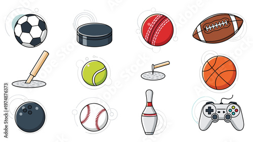 Comprehensive collection of colorful icons representing various sports such as soccer hockey cricket rugby tennis and gaming.