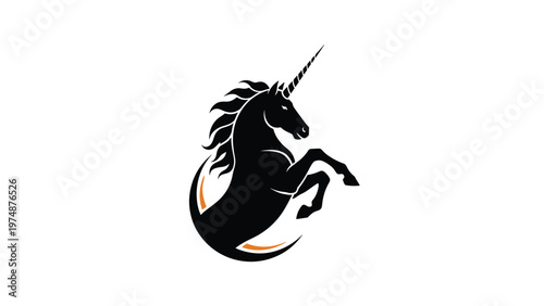 Black silhouette of a majestic rearing unicorn with a flowing mane and tail isolated on a white background for fantasy and magic themes.