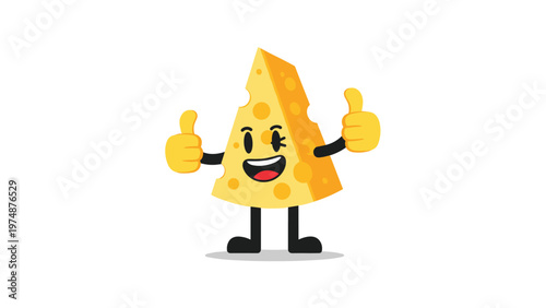 Happy winking cheese wedge character with arms and legs giving double thumbs up on a plain white background.