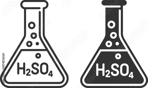 Two conical flasks containing sulfuric acid displayed in black and white
