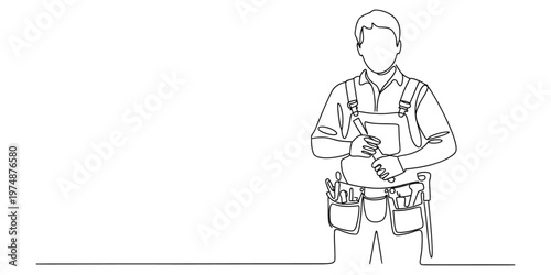 Continuous line drawing of a male construction worker wearing a tool belt and holding a tool handle