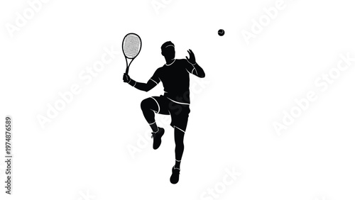 Action silhouette of a tennis player jumping for a powerful smash hit with a racket and ball on a white background.