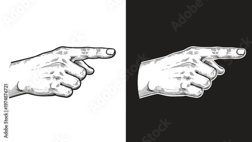 Two detailed hand engravings of a finger pointing to the right shown in both black on white and white on black versions.
