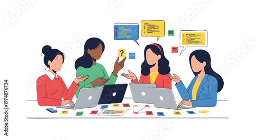 Diverse group of women working together on laptops in office