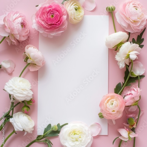professional stock flat lay, empty card with large copy space, pastel flowers, realistic photo