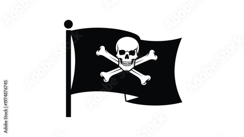 Classic black pirate flag known as the Jolly Roger featuring a white skull and crossbones waving on a flag pole.