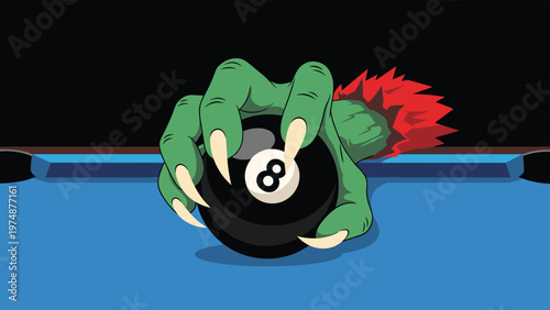 Green monster hand with sharp claws is holding a black billiard eight ball on a blue pool table against a dark black background.