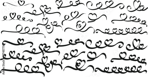 Heart line and love set. Black and red icons with symbols of love, romance and relationships. Romantic doodle brush. Heart line drawing in doodle sketch for love

