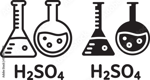 Four laboratory flasks with chemical formulas displayed below them