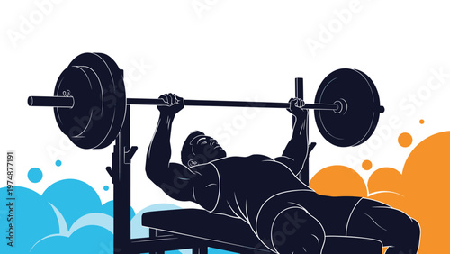 Silhouette of a muscular male athlete performing a heavy bench press exercise on a weightlifting bench with colorful abstract background.