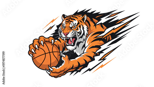 Dynamic tiger mascot bursting through a surface while clawing a brown basketball with an aggressive roaring expression.