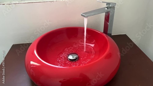 Bathroom red sink, faucet with running water. Saving resources, utility bills. Water resources, water cost