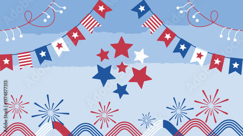 Decorative American bunting, stars, and patriotic firework patterns