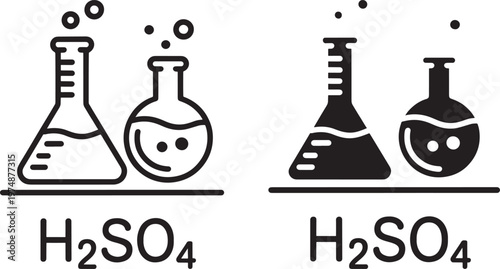 Black and white illustration of laboratory beakers and chemical formulas