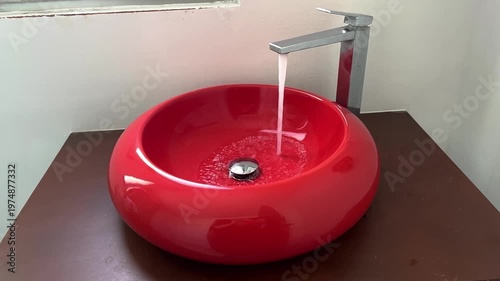 Bathroom red sink, faucet with running water. Saving resources, utility bills. Water resources, water cost