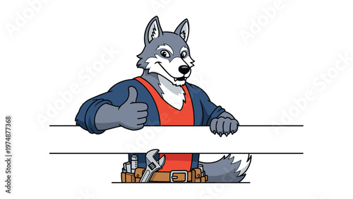Friendly wolf character dressed as a worker wearing a tool belt and giving a thumbs up behind a white banner space.