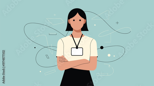 Determined female employee with a name tag representing corporate professionalism