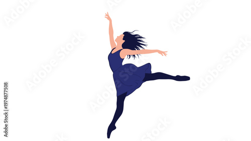 Elegant silhouette of a female ballet dancer in a flowing blue dress performing a graceful jump or leap against a clean white background.