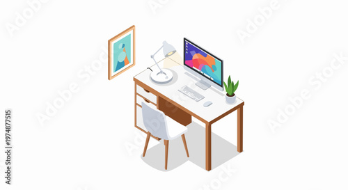 Isometric Minimalist Home Office Workspace with Computer and Desk Lamp
