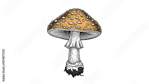 Fly agaric mushroom in a vintage hand drawn engraving style with detailed texture on the cap and stem isolated on white background.
