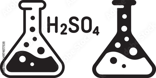 Two laboratory flasks containing liquid with chemical formula displayed