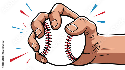 Human hand firmly gripping a white baseball with red stitching against a background of red and blue comic style action lines.