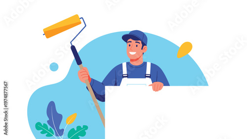 Friendly male painter in blue overalls and a cap holding a large paint roller and leaning against a large blank white board for text.