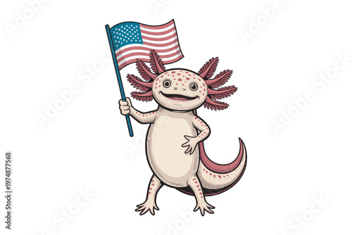 A charming cartoon axolotl joyfully waves a detailed american flag creating a patriotic and whimsical illustration on transparent background high-quality professional.