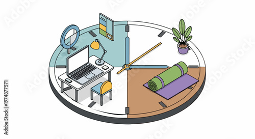 Work-Life Balance Concept Illustration: Isometric Clock with Workspace and Wellness Areas Representing Time Management and Mental Health