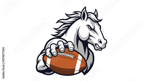 Fierce white horse mascot with a flowing mane gripping an American football with one hand against a plain white background.