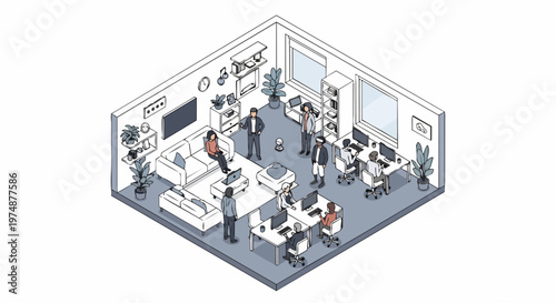 Isometric Illustration of a Modern Coworking Space and Creative Office with People Working, Collaborating, and Using Technology in a Clean Minimalist Style