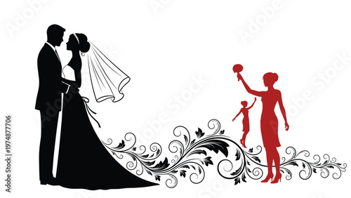 Romantic silhouette of a bride and groom standing together with floral swirls and a bridesmaid in red catching a bouquet in background.