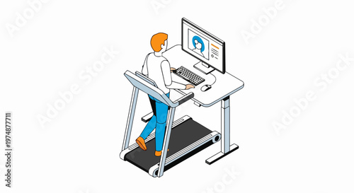 Man Working on Treadmill Desk Isometric Illustration - Healthy Office Lifestyle and Remote Work Productivity Concept