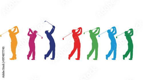 Set of colorful silhouettes depicting golf players in various stages of a swing from address to follow through on a white background.