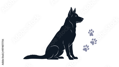 Silhouette of a large dog like a german shepherd sitting and looking forward with several light gray paw prints floating in the background.