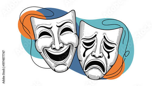 Classic theater masks representing comedy and tragedy with hand drawn details and colorful abstract shapes in the background.